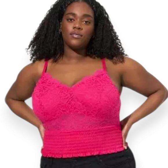 4X 26W Pink Lace Smocked Tank Top V Neck Adjustable Strap Torrid Stretch Cropped - Picture 1 of 9